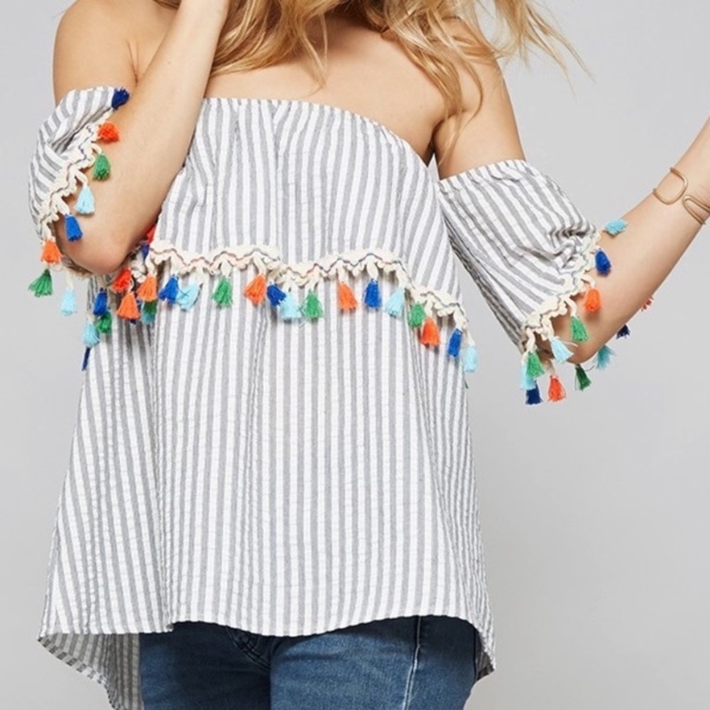 Off the shoulder tassel sleeve blouse